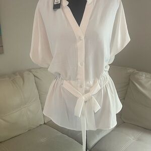 Fashion Nova Off White Button Down Short Sleeve Top